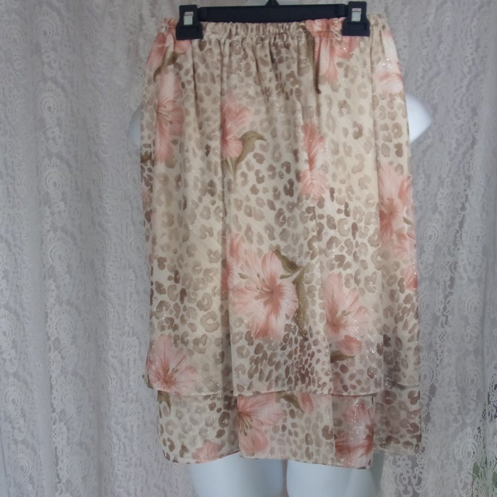 Midnight Velvet Tiered Skirt Peach Beige Brown Leopard Design Metallic N…